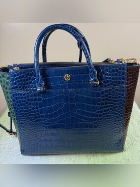 Tory Burch Blue Croc-Embossed Leather Multi-Color Satchel
